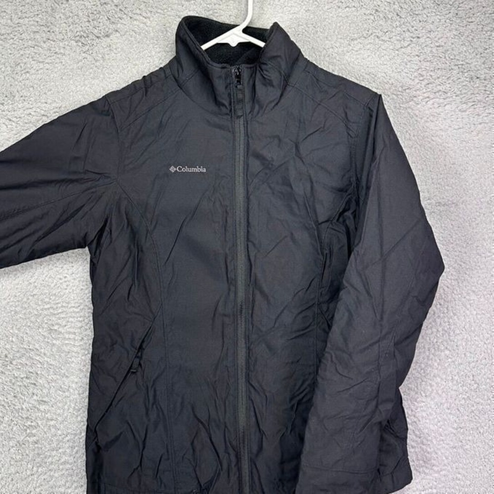 Columbia Fleece Lined Jacket Womens Small Black‎ 100% Nylon Full Zip Coat Logo